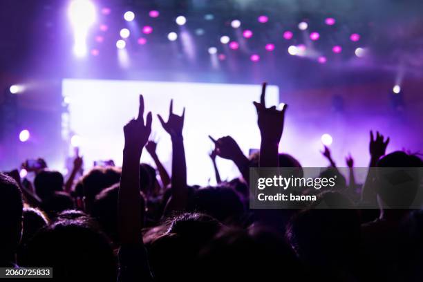 hands making rock sign at music festival - rockmuziek stockfoto's en -beelden