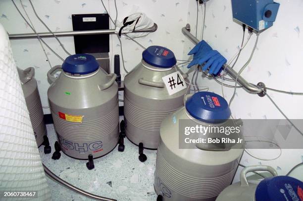 Nitrogen filled storage tanks contain patients sperm & embryos where they are maintained in below-freezing temperatures at California Cryobank...