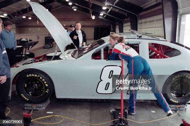 Race Car Driver Shawna Robinson during test driving car at Ontario Motor Speedway, April 3, 2001 in Ontario, California.