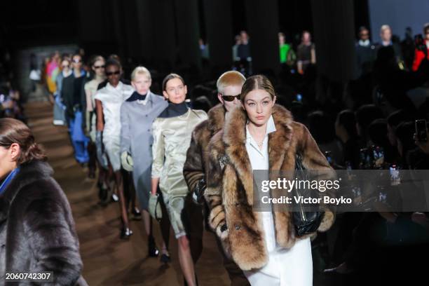 Gigi Hadid walks the runway during the finale of the Miu Miu Womenswear Fall/Winter 2024-2025 show as part of Paris Fashion Week on March 05, 2024 in...