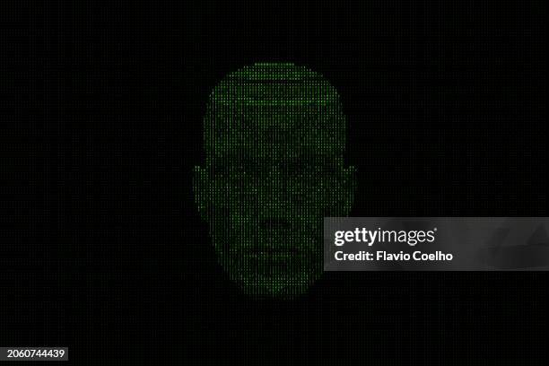 Human head with ASCII characters on black background