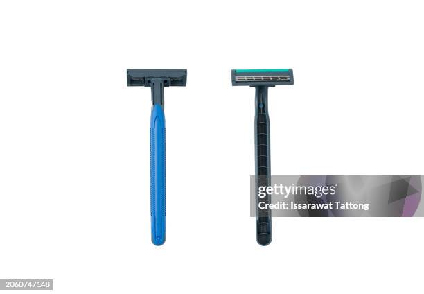 razor front and back isolated on white background - safety shave razor stock-fotos und bilder