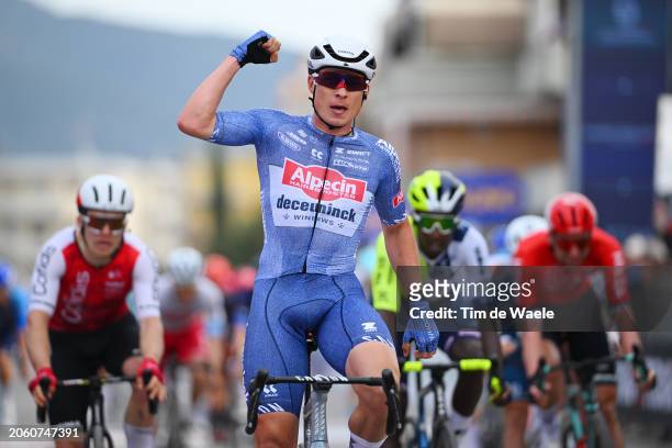 Jasper Philipsen of Belgium and Team Alpecin-Deceuninck celebrates at finish line as stage winner during the 59th Tirreno-Adriatico 2024, Stage 2 a...
