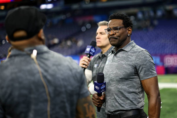 Network personality Michael Irvin broadcasts from the field during the NFL Combine at the Lucas Oil Stadium on March 2, 2024 in Indianapolis, Indiana.
