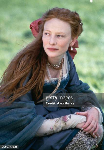 Actress Cate Blanchett on the set of Elizabeth, directed by Shekhar Kapur, 1998.