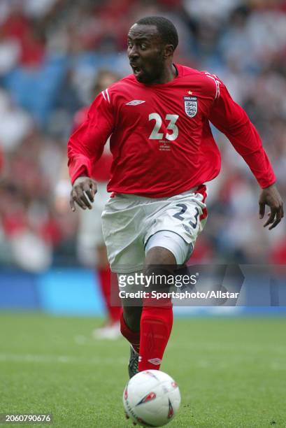 June 5: Darius Vassell of England on the ball during the The FA Summer Tournament match between England and Iceland at City Of Manchester Stadium on...