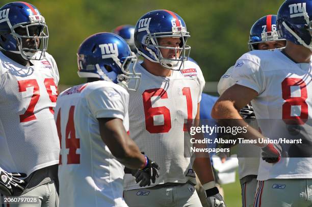 New York Giants football player Adam Koets, #61, runs drills with the rest of the offensive line during training camp at UAlbany in Albany, NY on...