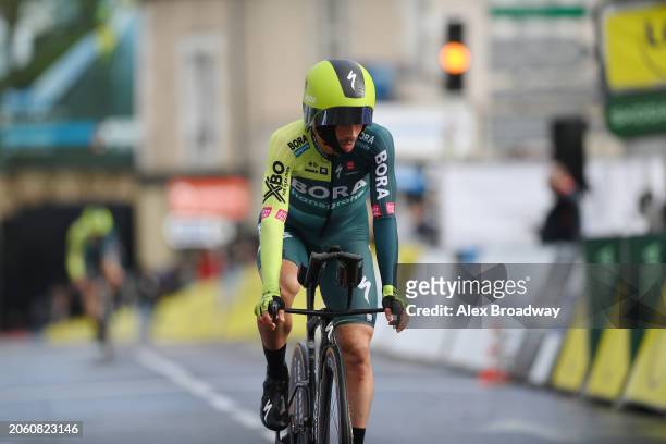 Primoz Roglic of Slovenia and Team BORA - hansgrohe crosses the finish line during the 82nd Paris - Nice 2024, Stage 3 a 26.9km team time trial from...