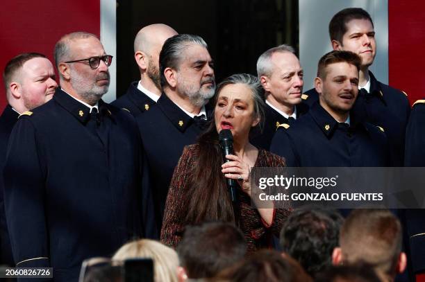 Singer Catherine Ringer sings the national anthem during a ceremony to seal the right to abortion in the French constitution, on International...