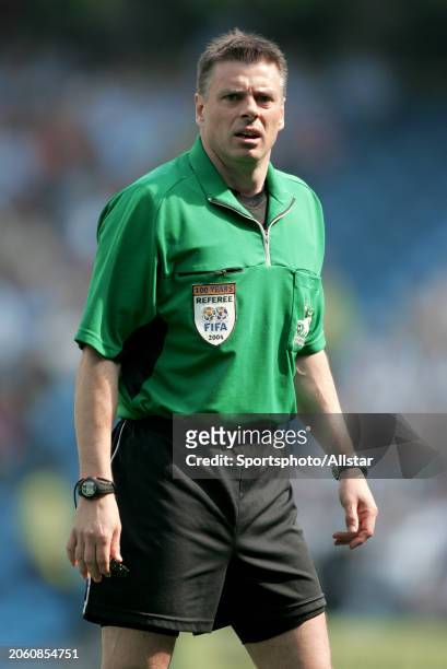 May 1: Referee Mark Halsey on the pitch during the Premier League match between Manchester City and Newcastle United at City Of Manchester Stadium on...