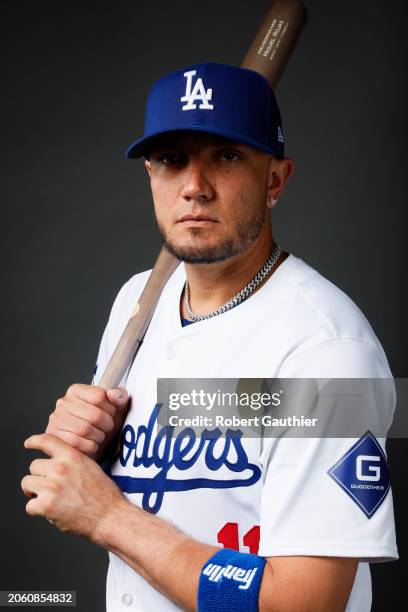 Dodger Miguel Rojas is photographed for Los Angeles Times on February 21, 2024 at Camelback Ranch in Glendale, Arizona. PUBLISHED IMAGE. CREDIT MUST...