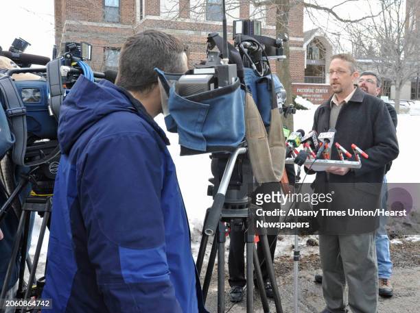 Mike Flynn, a victim of Gary Mercure speaks about the Mercure verdict and the Albany Diocese in front of The Chancery on North Main St. In Albany, NY...