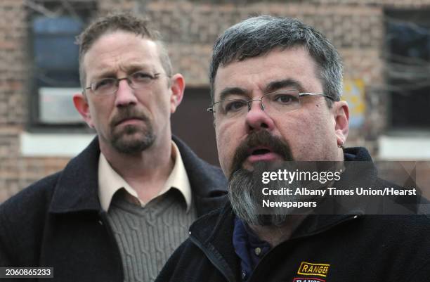 Mark Lyman, of SNAP, speaks about the Mercure verdict and the Albany Diocese in front of The Chancery on North Main St. In Albany, NY on February 14,...