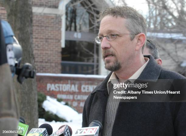 Mike Flynn, a victim of Gary Mercure, speaks about the Mercure verdict and the Albany Diocese in front of The Chancery on North Main St. In Albany,...