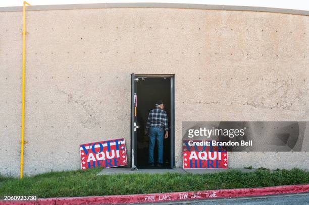 Voters wait in line on Super Tuesday at the Menchaca Road Branch, Austin Public Library on March 05, 2024 in Austin, Texas. 15 States and one U.S....