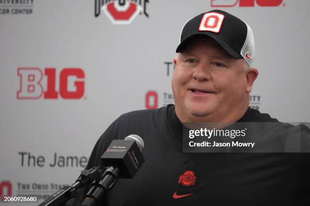 Ohio State Buckeyes Offensive Coordinator Chip Kelly address member's of the media at Woody Hayes Athletic Center on March 05, 2024 in Columbus, Ohio.