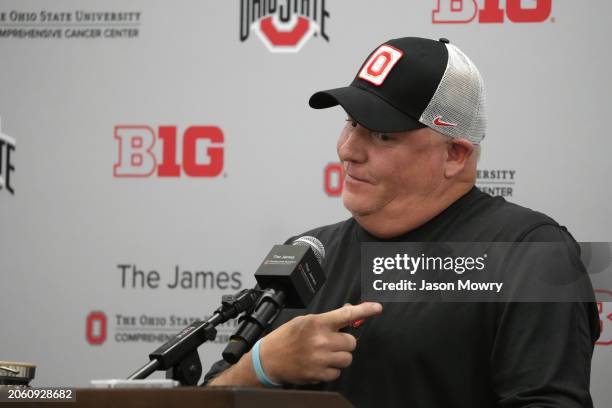 Ohio State Buckeyes Offensive Coordinator Chip Kelly address member's of the media at Woody Hayes Athletic Center on March 05, 2024 in Columbus, Ohio.