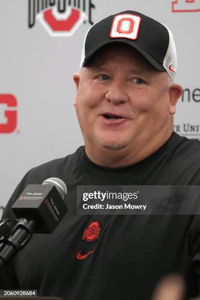 Ohio State Buckeyes Offensive Coordinator Chip Kelly address member's of the media at Woody Hayes Athletic Center on March 05, 2024 in Columbus, Ohio.