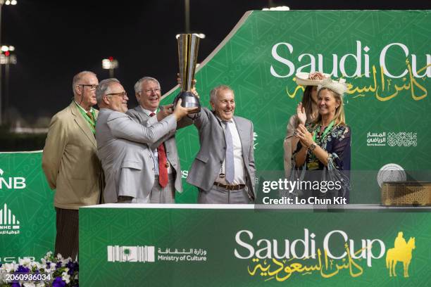 Owners Peter Done, Sir Alex Ferguson and Ged Mason celebrate after Spirit Dancer winning the Neom Turf Cup at King Abdulaziz Racecourse on February...