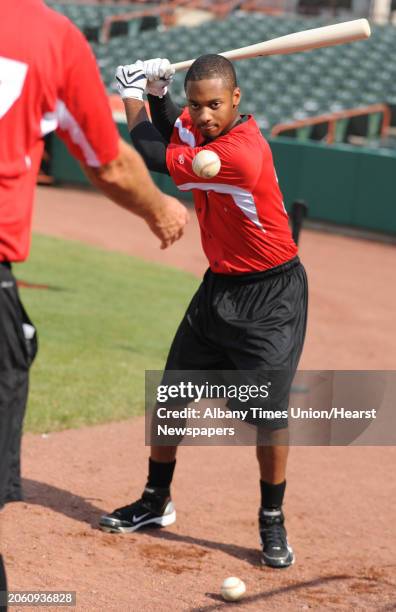 Tri-City Valley Cats infielder Neiko Johnson works on a batting drill during a media day practice at Joe Bruno Stadium in Troy, N.Y. Thursday June...