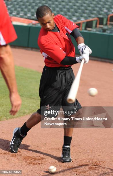 Tri-City Valley Cats player Neiko Johnson works on a batting drill during a media day practice at Joe Bruno Stadium in Troy, N.Y. Thursday June 16,...