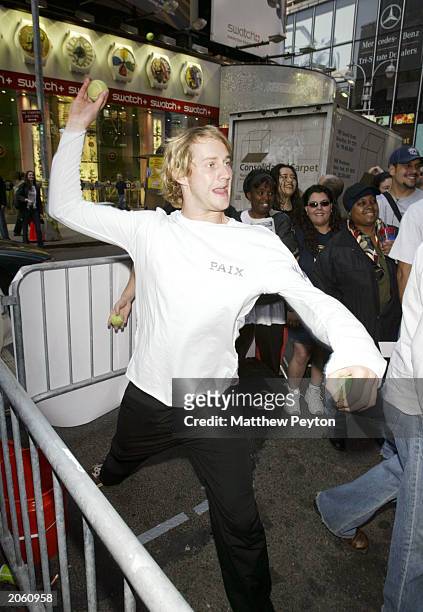 Actor Derek Richardson participates in the Dumb and Dumberer: When Harry Met Lloyd -- Z100 'Dunk Or Be Dunked' Event in Times Square June 6, 2003 in...
