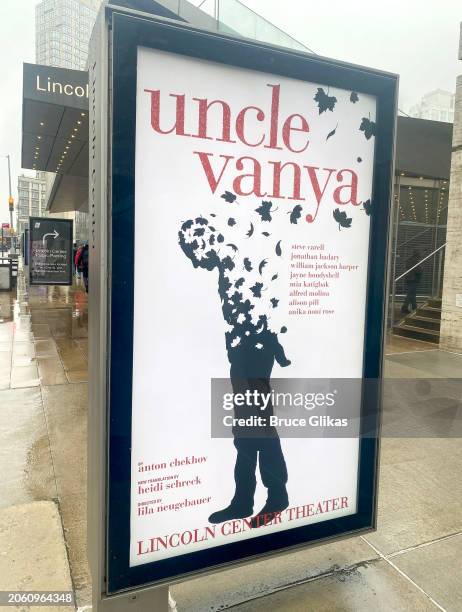 Signage during the Lincoln Center Theater revival of "Uncle Vanya" cast meet & greet at The Lincoln Center Theater Rehearsal Room on March 5, 2024 in...