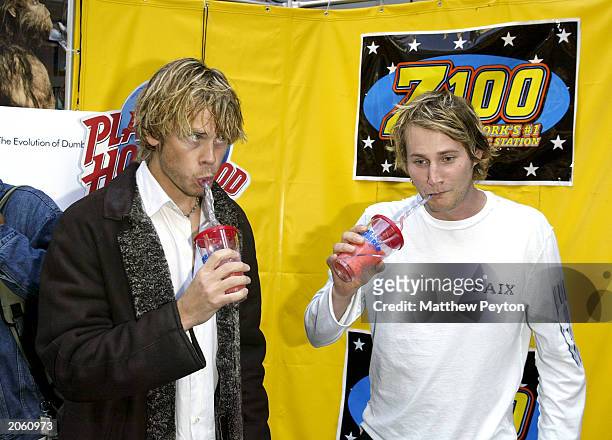 Actors Eric Christian Olsen and Derek Richardson participate in the Dumb and Dumberer: When Harry Met Lloyd -- Z100 'Dunk Or Be Dunked' Event in...