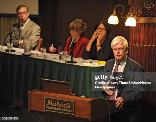 Rick Longhurst, NYS Parent Teacher Association, speaks at a meeting involving people who oppose the new tax cap at the Mohonk Mountain House in New...