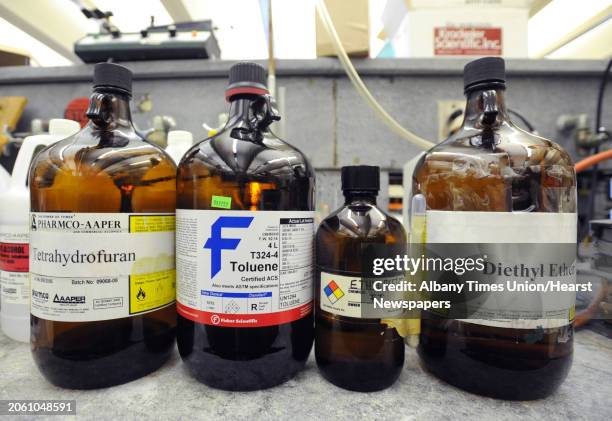 Solvents in the lab of Eric Block, a chemistry professor at UAlbany, on Monday, Feb. 6, 2012 in Albany, N.Y. Block is researching ?artificial...