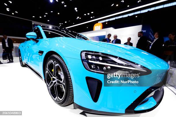 Xiaomi is unveiling the new SU7, an entirely electric car, at the Mobile World Congress in Barcelona, Spain, on March 8, 2024. The vehicle,...