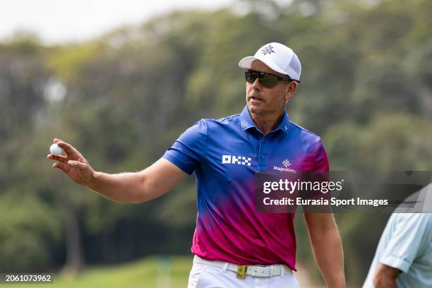 Henrik Stenson of Sweden shows the ball during day one of the LIV Golf Invitational - Hong Kong at The Hong Kong Golf Club on March 8, 2024 in Hong...