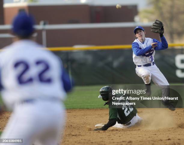 Saratoga's Matt Flynn throws the ball to first base for a double play getting Shenendehowa runner Greg Geisel out at second during a baseball game...