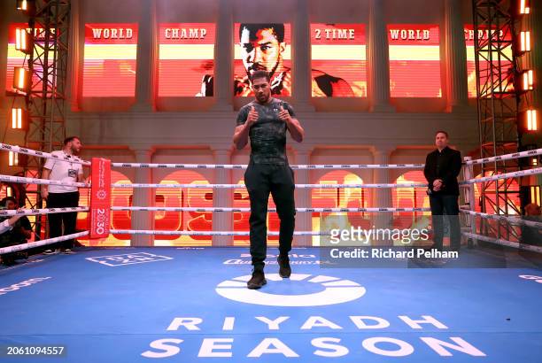 Anthony Joshua poses for a photograph during a media workout ahead of the Heavyweight fight between Anthony Joshua and Francis Ngannou on the...