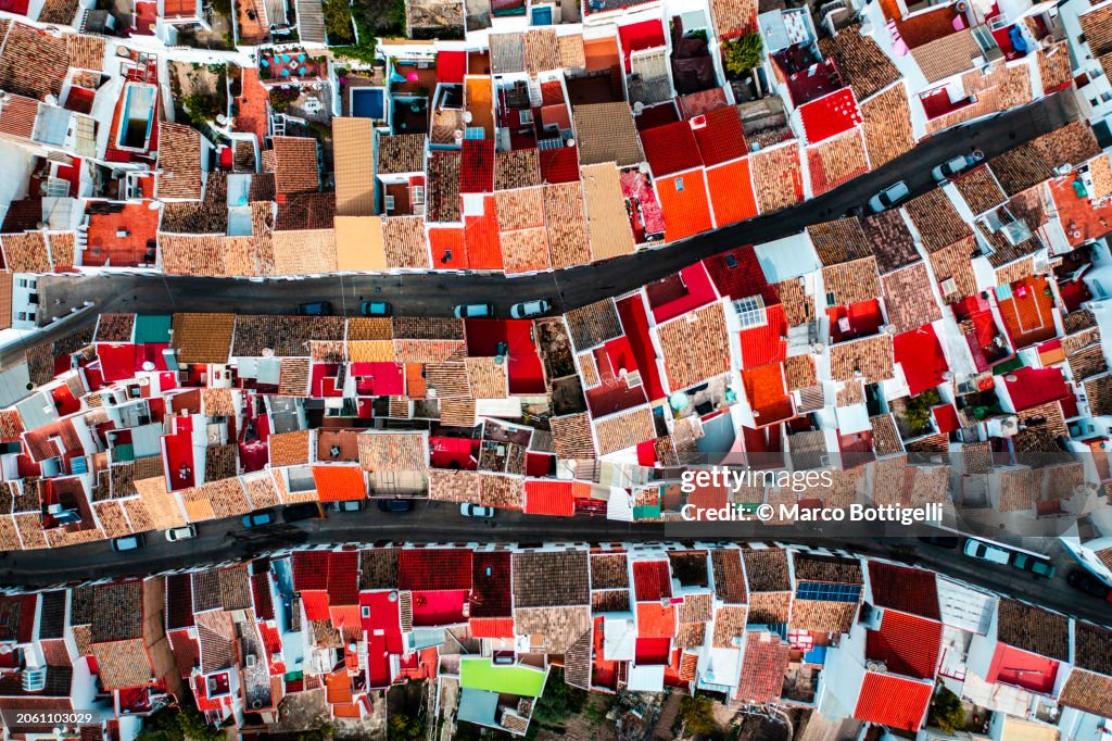 Overhead view of colorful cityscape, Spain