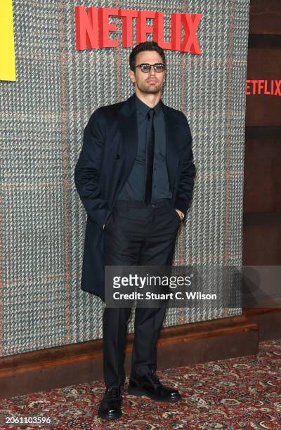 Theo James attends the UK series global premiere of "The Gentlemen" at the Theatre Royal Drury Lane on March 05, 2024 in London, England.