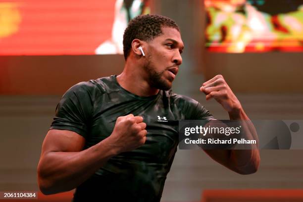 Anthony Joshua trains during a media workout ahead of the Heavyweight fight between Anthony Joshua and Francis Ngannou on the Knockout Chaos event...