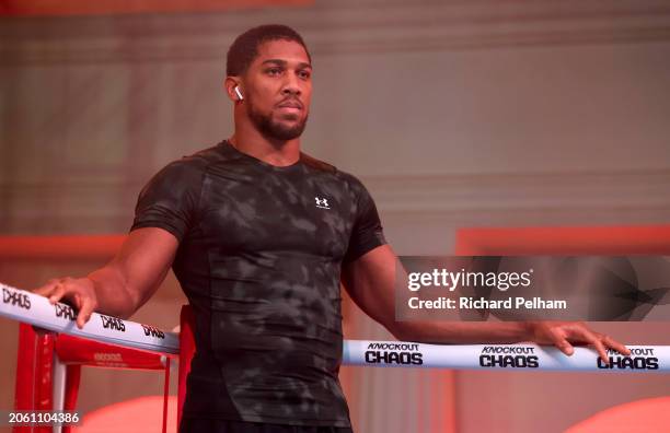 Anthony Joshua looks on during a media workout ahead of the Heavyweight fight between Anthony Joshua and Francis Ngannou on the Knockout Chaos event...