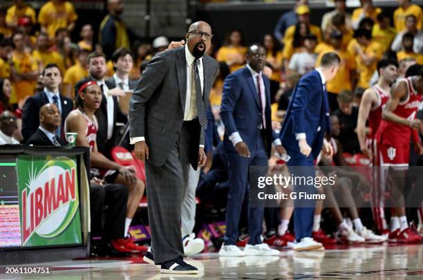 Head coach Mike Woodson of the Indiana Hoosiers watches the game against the Maryland Terrapins at Xfinity Center on March 03, 2024 in College Park,...