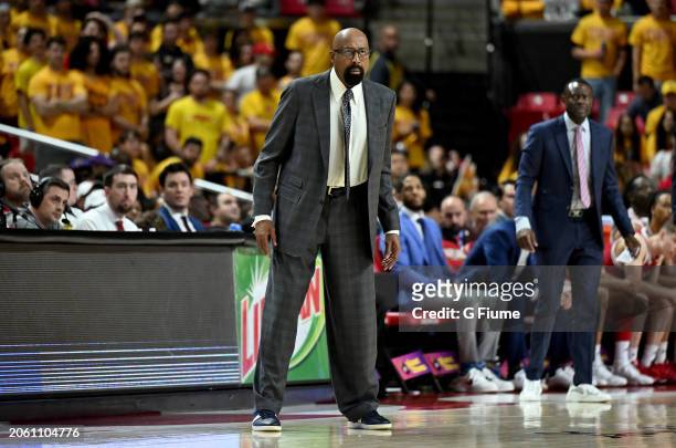 Head coach Mike Woodson of the Indiana Hoosiers watches the game against the Maryland Terrapins at Xfinity Center on March 03, 2024 in College Park,...