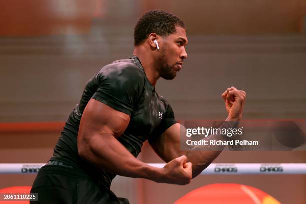 Anthony Joshua trains during a media workout ahead of the Heavyweight fight between Anthony Joshua and Francis Ngannou on the Knockout Chaos event...