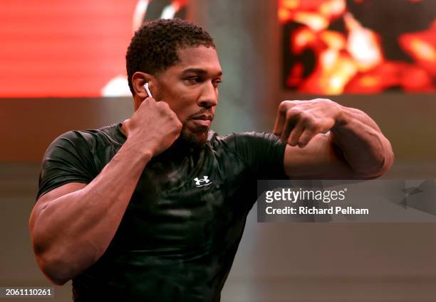 Anthony Joshua trains during a media workout ahead of the Heavyweight fight between Anthony Joshua and Francis Ngannou on the Knockout Chaos event...