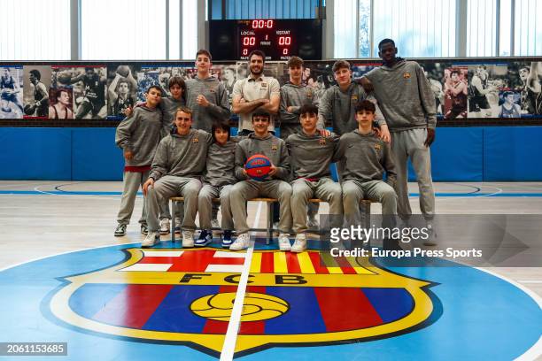 Alex Abrines of FC Barcelona poses for photo with the captains during the meeting with the captains of all categories of FC Barcelona's youth...