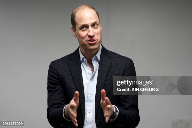 Britain's Prince William, Prince of Wales speaks to Pierre-Yves Paslier founder of Notpla during a visit to the Kia Oval cricket ground to meet with...