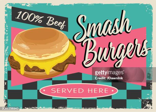 smash burgers retro vintage diner schild designkonzept - ground beef stock-grafiken, -clipart, -cartoons und -symbole