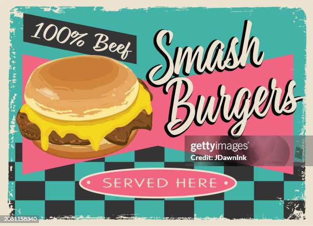 illustrations, cliparts, dessins animés et icônes de concept de conception de signe de diner vintage rétro smash burgers - snack bar