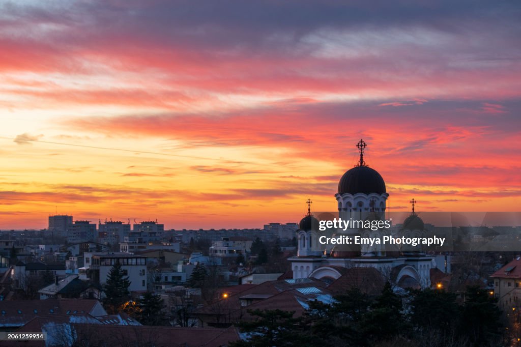 Beautiful sunset over Casin Church - Bucharest, Romania