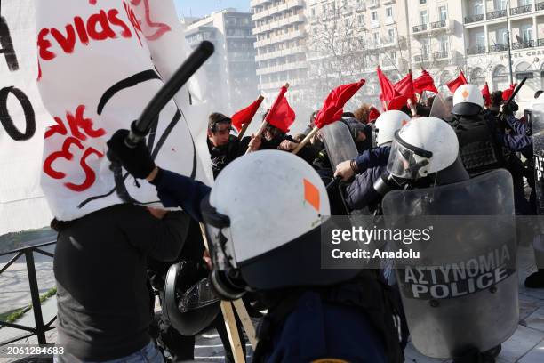Students scuffle with riot police during a protest against the government's new university reform in Athens, Greece on March 08, 2024.