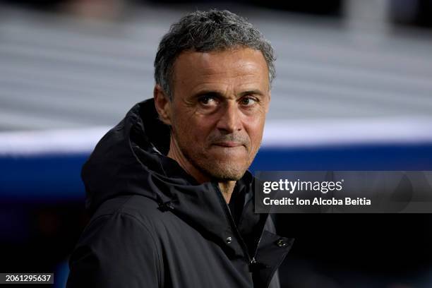 Luis Enrique, head coach of Paris Saint-Germain looks on prior to the UEFA Champions League 2023/24 round of 16 second leg match between Real...