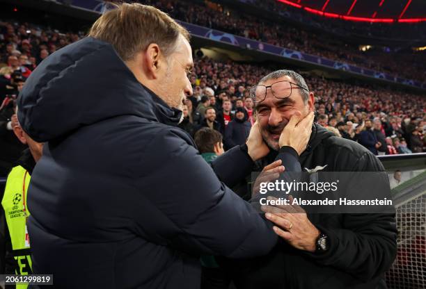 Thomas Tuchel, Head Coach of Bayern Munich, and Maurizio Sarri, Head Coach of SS Lazio, interact prior to the UEFA Champions League 2023/24 round of...